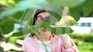 Woman with binoculars hiding behind trees, journalist searching for sensation