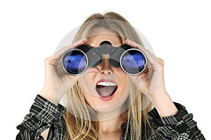 Woman with binoculars looking shocked photo