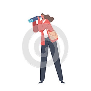 Woman With Binoculars Observing Her Surroundings With Curiosity And Intensity. Female Character Seeking Adventure
