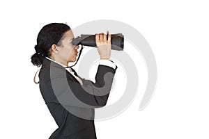 Woman with binoculars searching for business photo