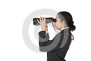 Woman with binoculars searching for business
