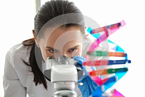 A woman biologist looks through a microscope, eyes close-up