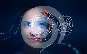 Woman and biometric scanning digital hologram with binary