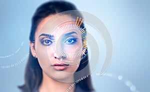 Woman and biometric scanning digital hologram with binary