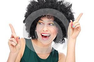 Woman with black afro wig laughing