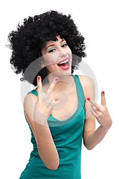 Woman with black afro wig laughing