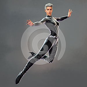 Woman in Black Bodysuit Floating in the Air with Arms Outstretched