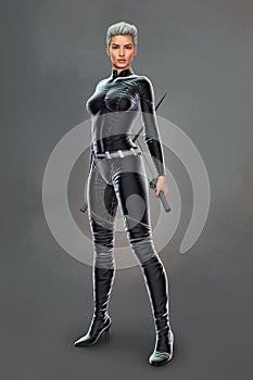 Woman in black bodysuit holding two Katana swords behind her back