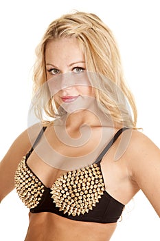 Woman black bra gold spikes