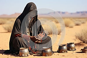 A woman in black clothes sitting in the desert with pots, AI