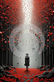 A woman in a black coat is walking through a forest with red flowers. Generative AI image.