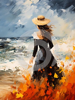 A Woman In A Black Dress And Hat Walking On A Beach