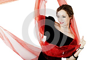 Woman in black dress with red sash photo