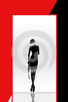 a woman in a black dress is silhouetted against a red and black background