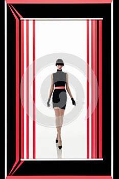 a woman in a black dress is walking through a red and black frame