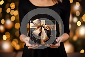 Woman with black elegant dress holding present gift box decorated golden ribbon on black background with gold bokeh