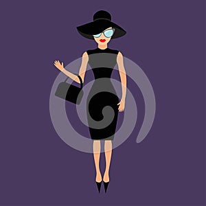 Woman in black elegant hat, bag and sunglasses waving. Rich and beautiful celebrity girl. Beauty fashion model face red lips.