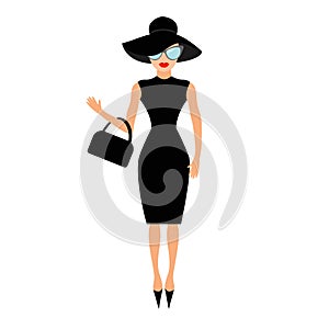 Woman in black elegant hat, bag and sunglasses waving. Rich and beautiful celebrity girl. Beauty fashion model face red lips.