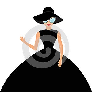 Woman in black elegant hat and big dress, sunglasses waving.