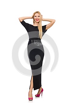 The woman in black evening dress isolated on white