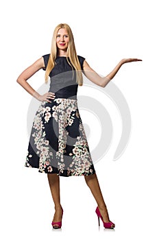 The woman in black floral dress on white