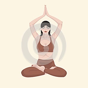 Woman with black hair and white skin, doing yoga lotus pose