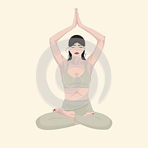 Woman with black hair, white skin and green clothes, doing yoga lotus pose