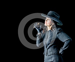 Woman in Black Hat and Dress with Cigar