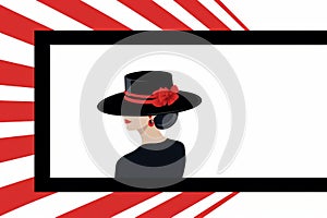 a woman in a black hat with red flowers on it