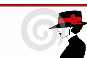 a woman in a black hat and red ribbon