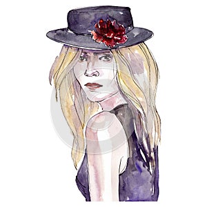 Woman in black hat sketch glamour illustration in a watercolor style isolated element. Watercolour background set.