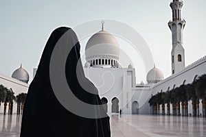 Woman in the black hood visiting Grand Mosque in Abu Dhabi, United Arab Emirates - selective focus. Generative ai