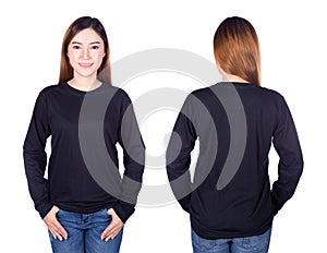 Woman in black long sleeve t-shirt isolated on white background