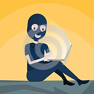 Woman black mask sitting at computer hacker activity concept on yellow background viruses data privacy attack internet