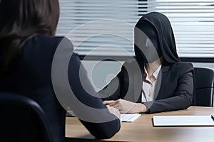 Woman in a black mask sitting at the desk and talking to another woman. black mask close up office boss taking interview, AI