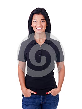 Woman in black polo shirt