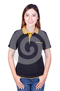 Woman in black polo shirt isolated on white background