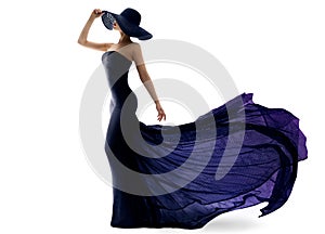 Woman in Black Purple Dress with Long Train Back. Luxury Fashion Model in Evening Shining Glitter Gown and Elegant Hat