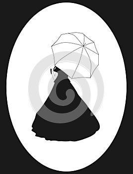 Woman black silhouette in classic dress in oval frame. Drawn noble lady in long gown isolated on white, vector eps 10