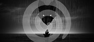 Woman Black Silhouette Sitting Alone in the Rain Abstract Black Dog Depression Mental Health Black and White Cloudy Sky