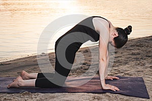 A woman in black sportswear practices yoga while standing in a Cat Pose, Cow pose or Marjariasana. Hatha or Vinyasa Yoga