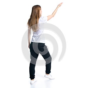 Woman in black sweatpants and white t-shirt showing