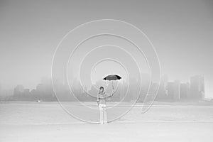 Woman with black umbrella view great metropolis