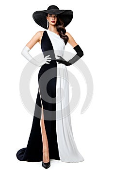 Woman Black and White Formal Dress. Fashion Model in Long Evening Contrast Gown. Elegant Lady in Black Hat and Gloves