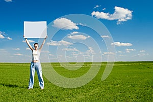 Woman with blank advert poster photo