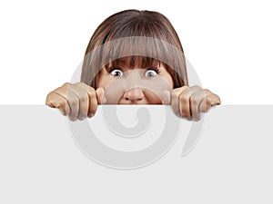 Woman blank banner looking surprised scared isolated