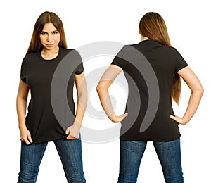 woman with blank black shirt and serious stare