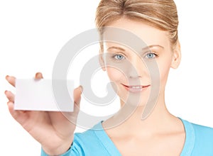 Woman with blank business or name card