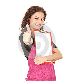 Woman with blank clipboard, thumb up