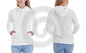 Woman in blank hoodie sweater on white background, closeup.